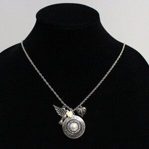 Silver Tone Long Chain 4 Charm Pendant Bird Heart Flower Round Locket Necklace